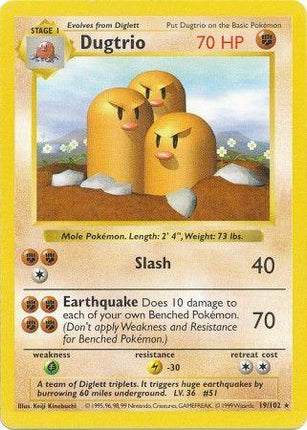Dugtrio 19/102 Rare Base Set Shadowless Pokemon Card