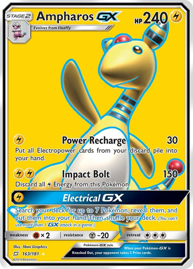 Pokémon trading card featuring Ampharos GX with yellow background