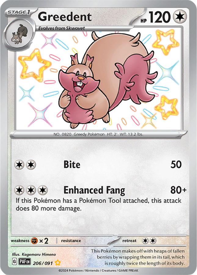Greedent 206/091 Shiny Rare Paldean Fates Pokemon Card