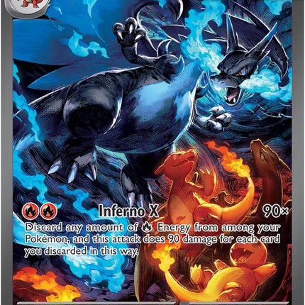 Mega Charizard X EX trading card with Charmander and Charizard on a blue and orange background
