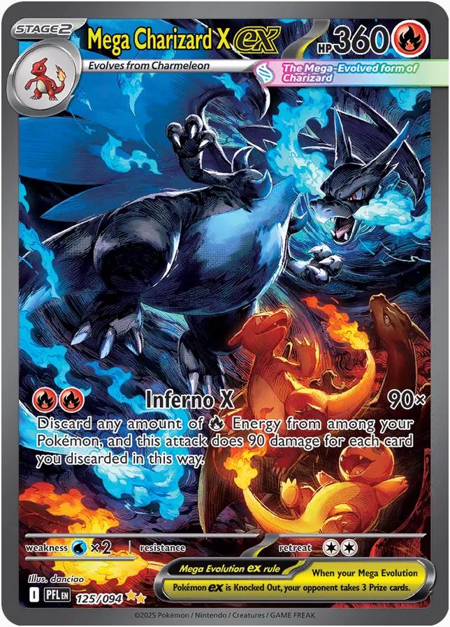 Mega Charizard X EX trading card with Charmander and Charizard on a blue and orange background