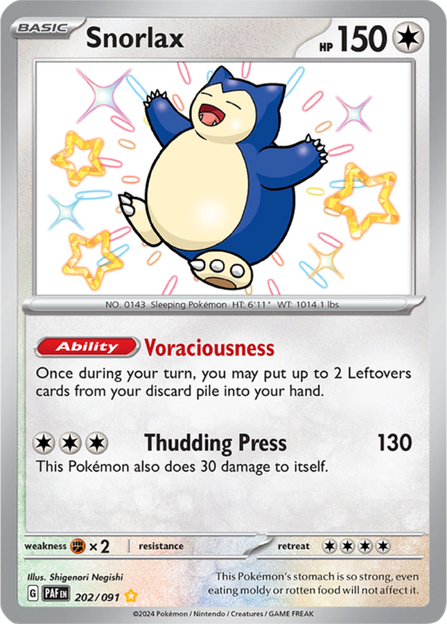 Snorlax 202/091 Shiny Rare Paldean Fates Pokemon Card